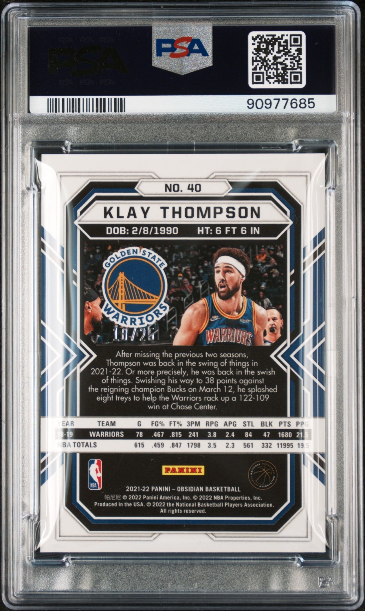 Klay Thompson Obsidian 2021-22 EE Green Flood /25 PSA 9 Golden State Warriors