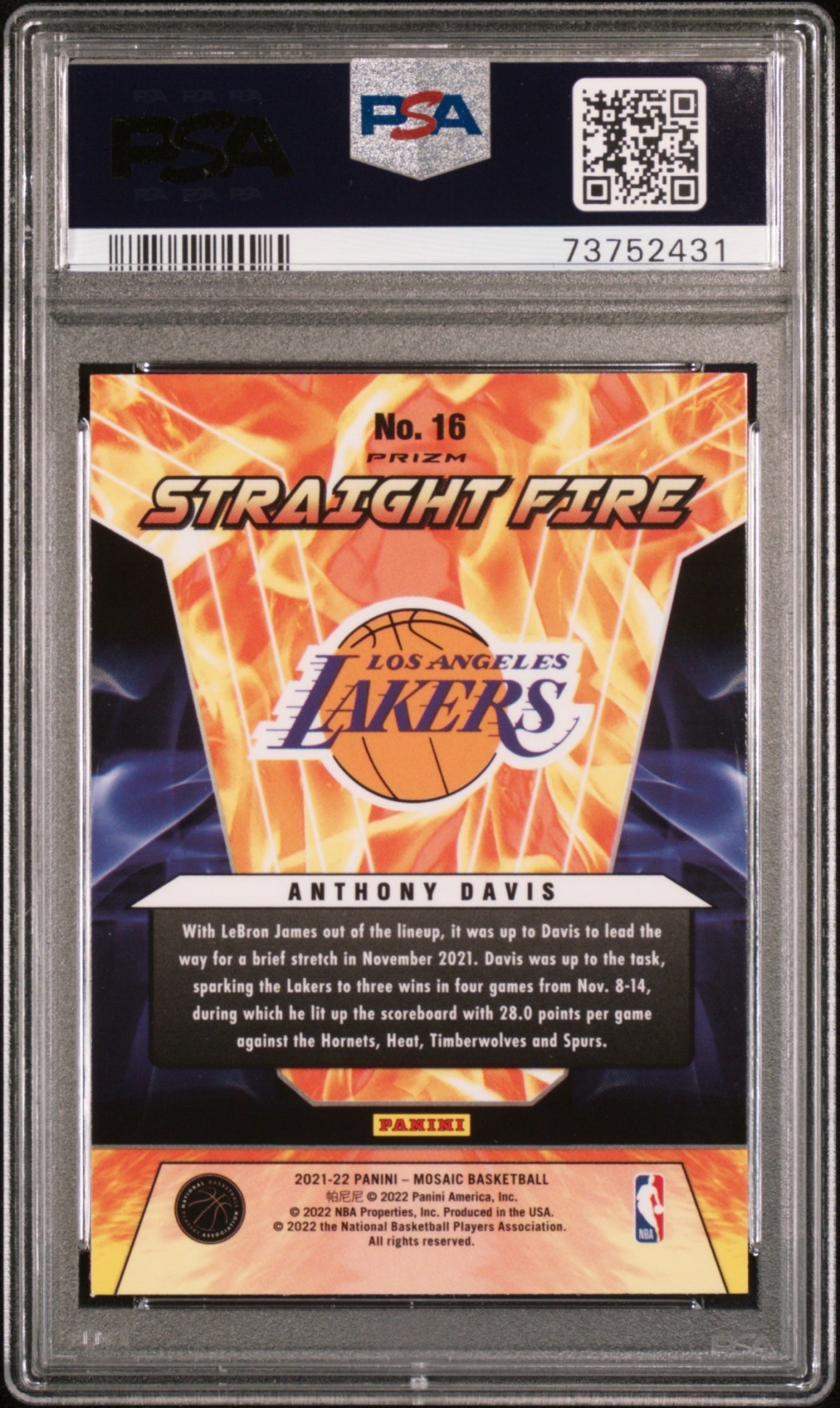 Anthony Davis Panini Mosaic 2020-21 Straight Fire PSA 10 Los Angeles Lakers