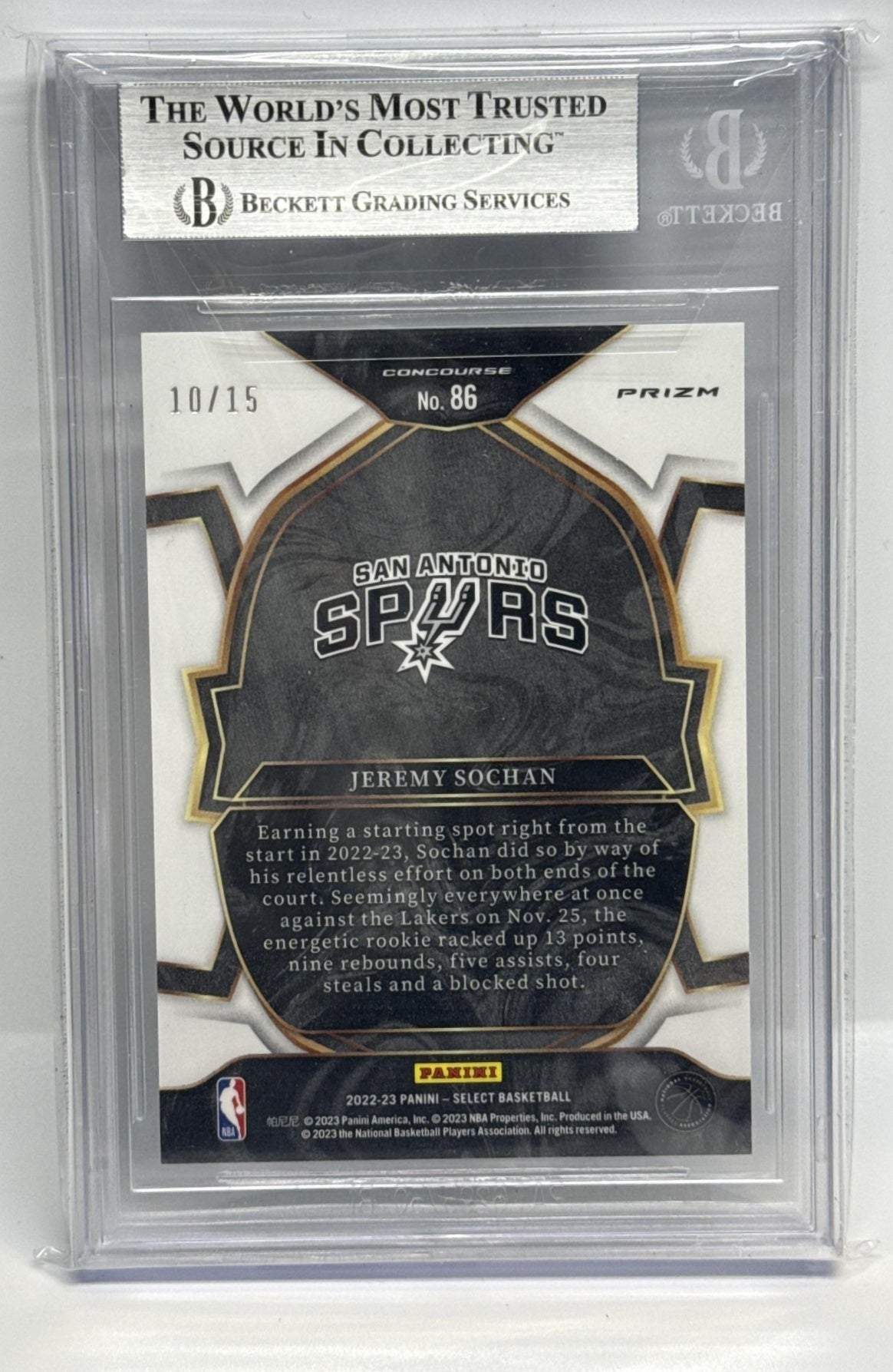Jeremy Sochan Select 2022-23 Neon Orange Pulsar Prizms FOTL /15 BGS 9 Spurs