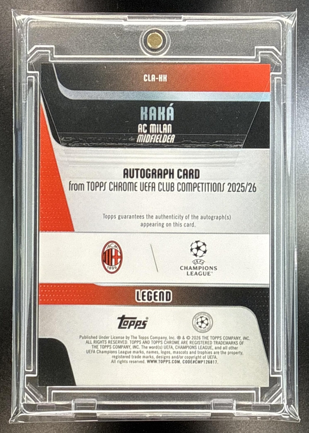 Kaka Topps Chrome UEFA CC 2025-26 Legends Auto Black Lava Refractor /10 AC Milan