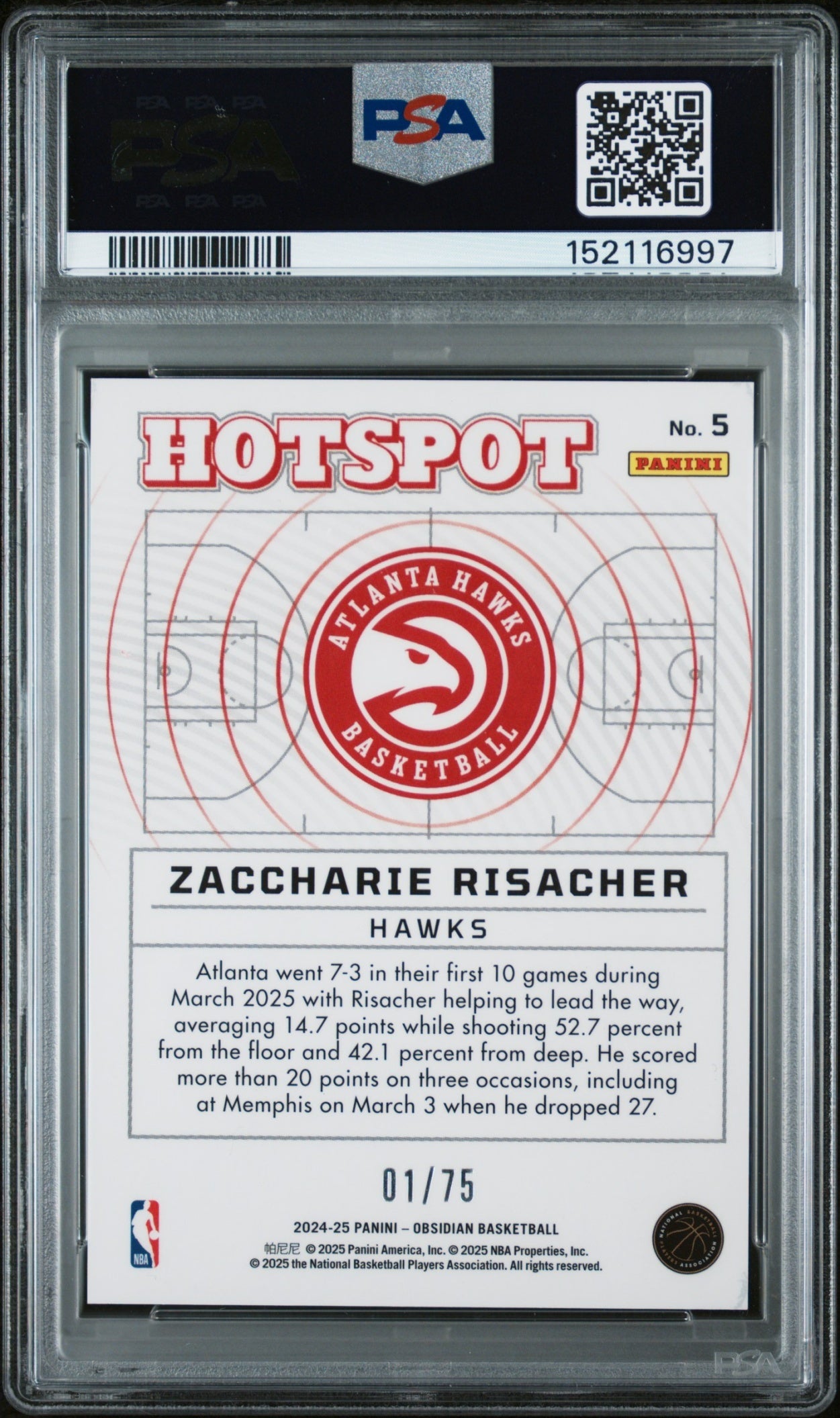 Zaccharie Risacher Obsidian 2024-25 EE Purple Flood /75 RC PSA 10 Atlanta Hawks