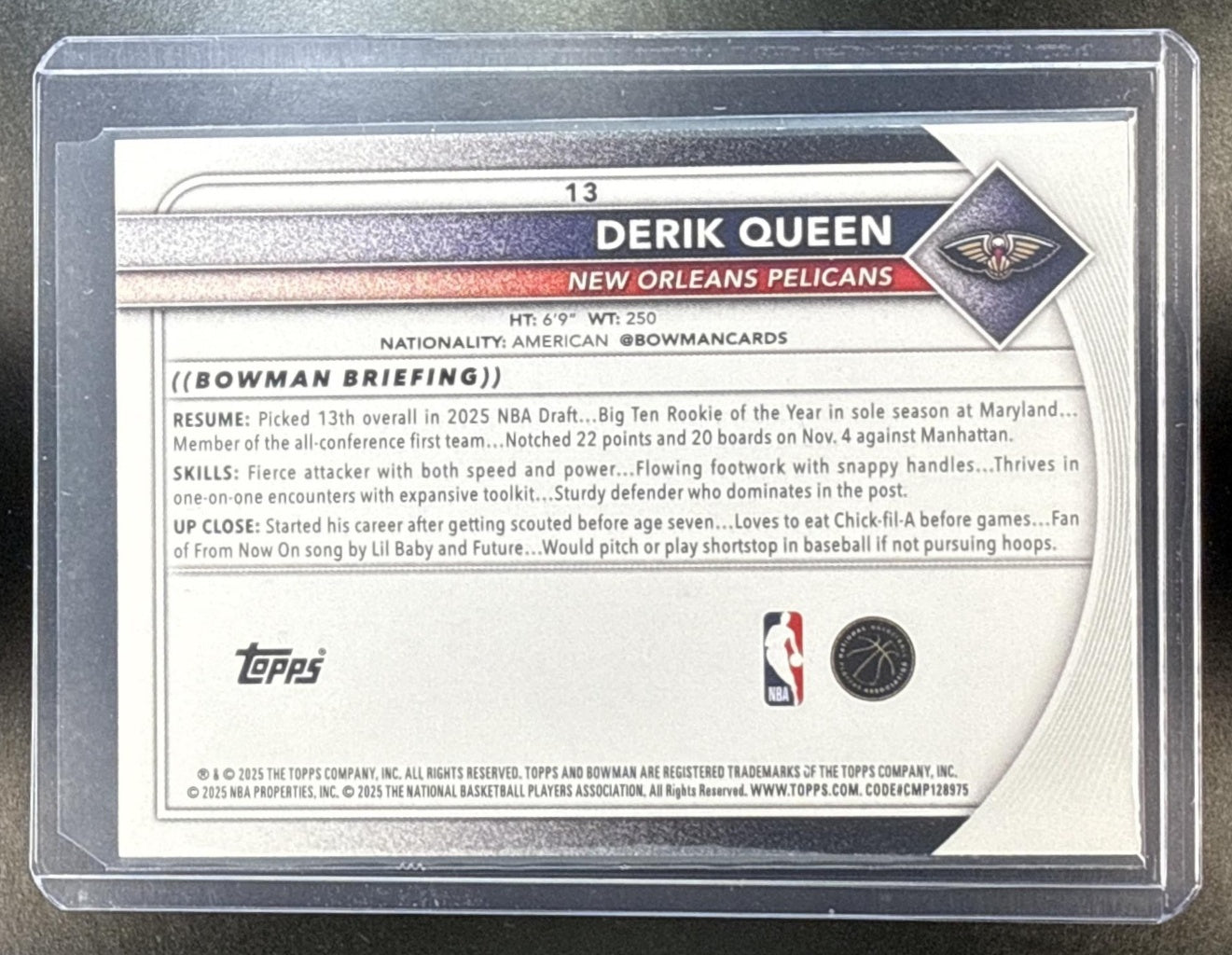 Derik Queen Bowman 2025-26 Orange Border /25 RC New Orleans Pelicans