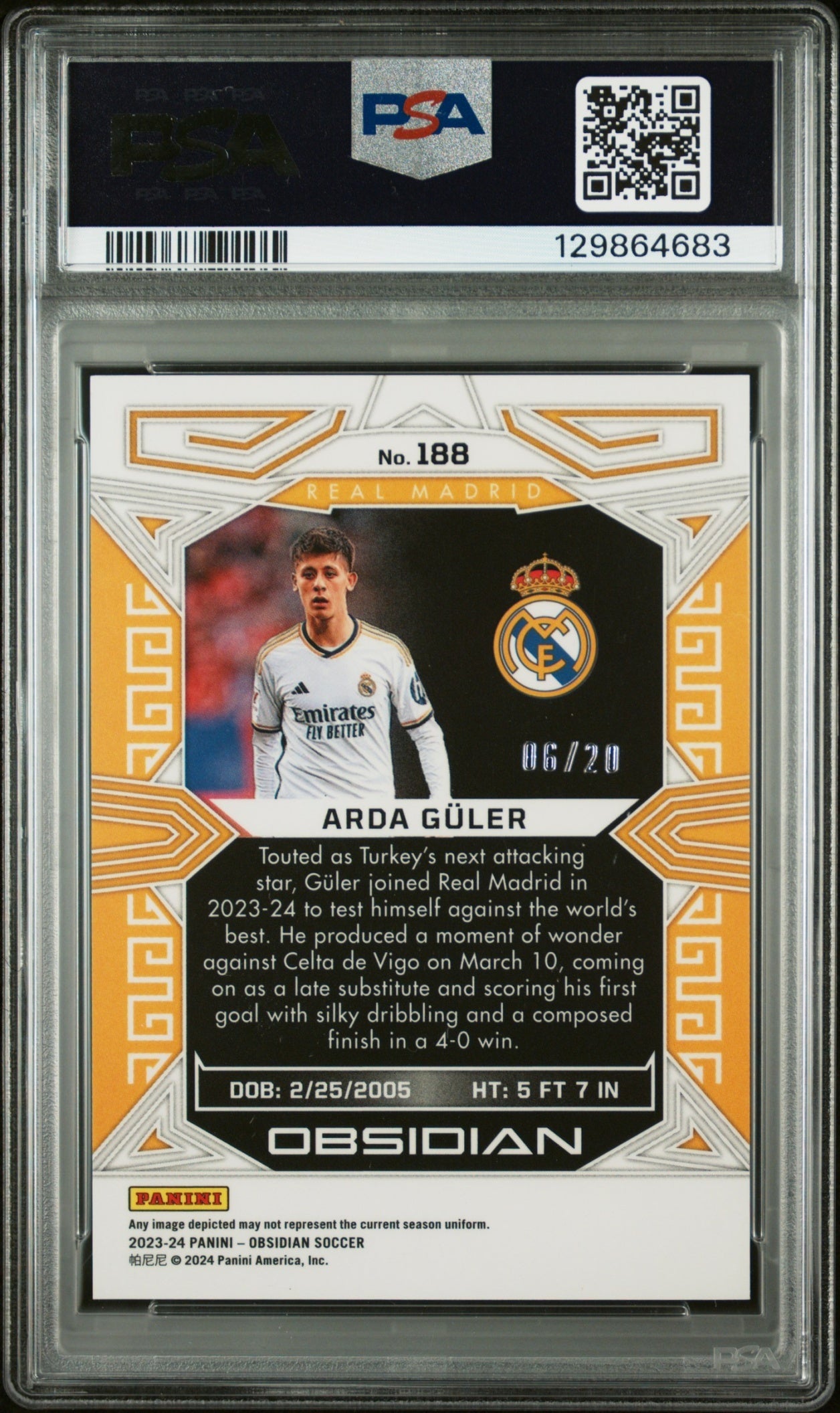 Arda Guler Panini Obsidian 2023-24 EE Blue /20 RC PSA 10 Real Madrid CF