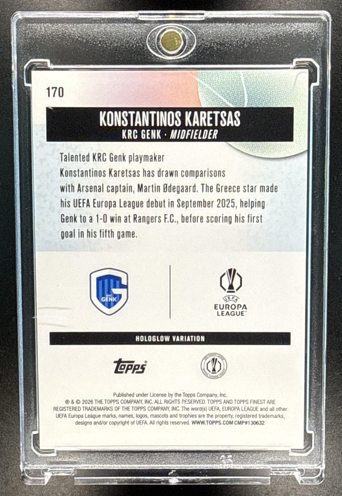 Konstantinos Karetsas Topps Finest UCC 2025-26 Gold Refractor /50 RC KRC Genk