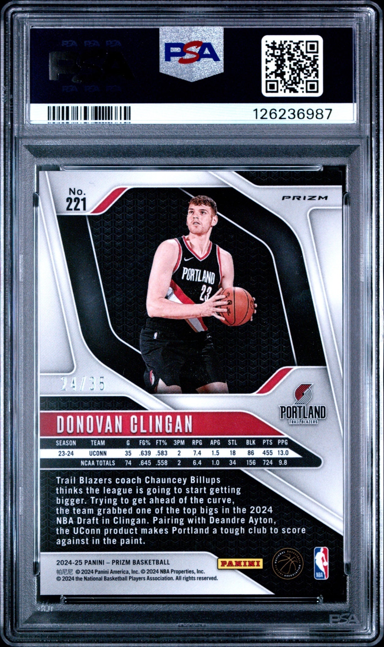 Donovan Clingan Prizm 2024-25 Purple Pulsar /35 RC PSA 10 Portland Trail Blazers