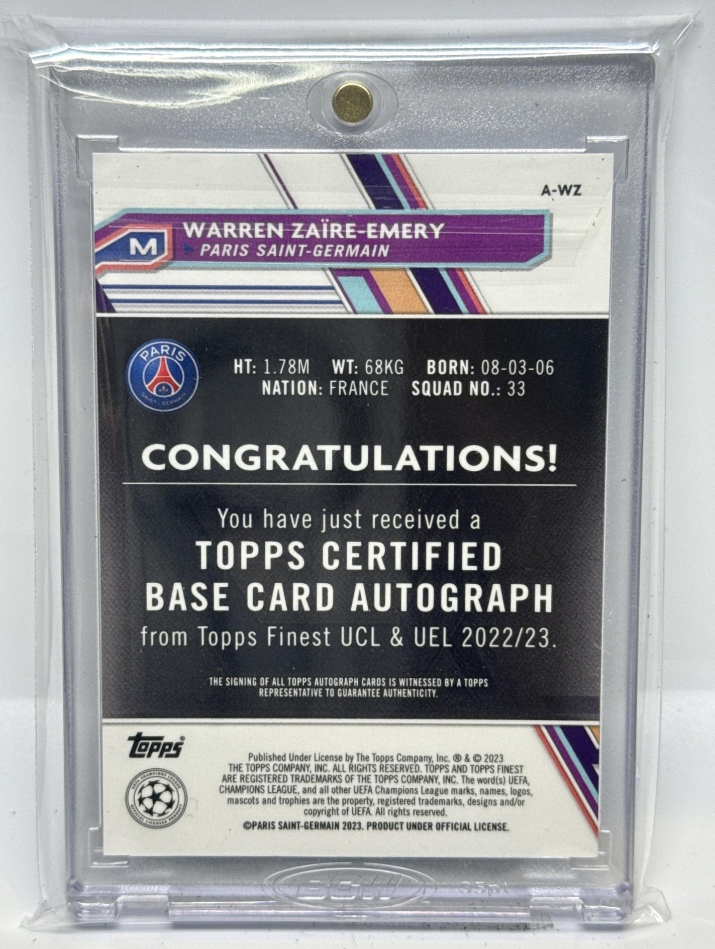 Warren Zaire-Emery Topps Finest UCC 2022-23 Blue Refractor /150 Auto RC PSG