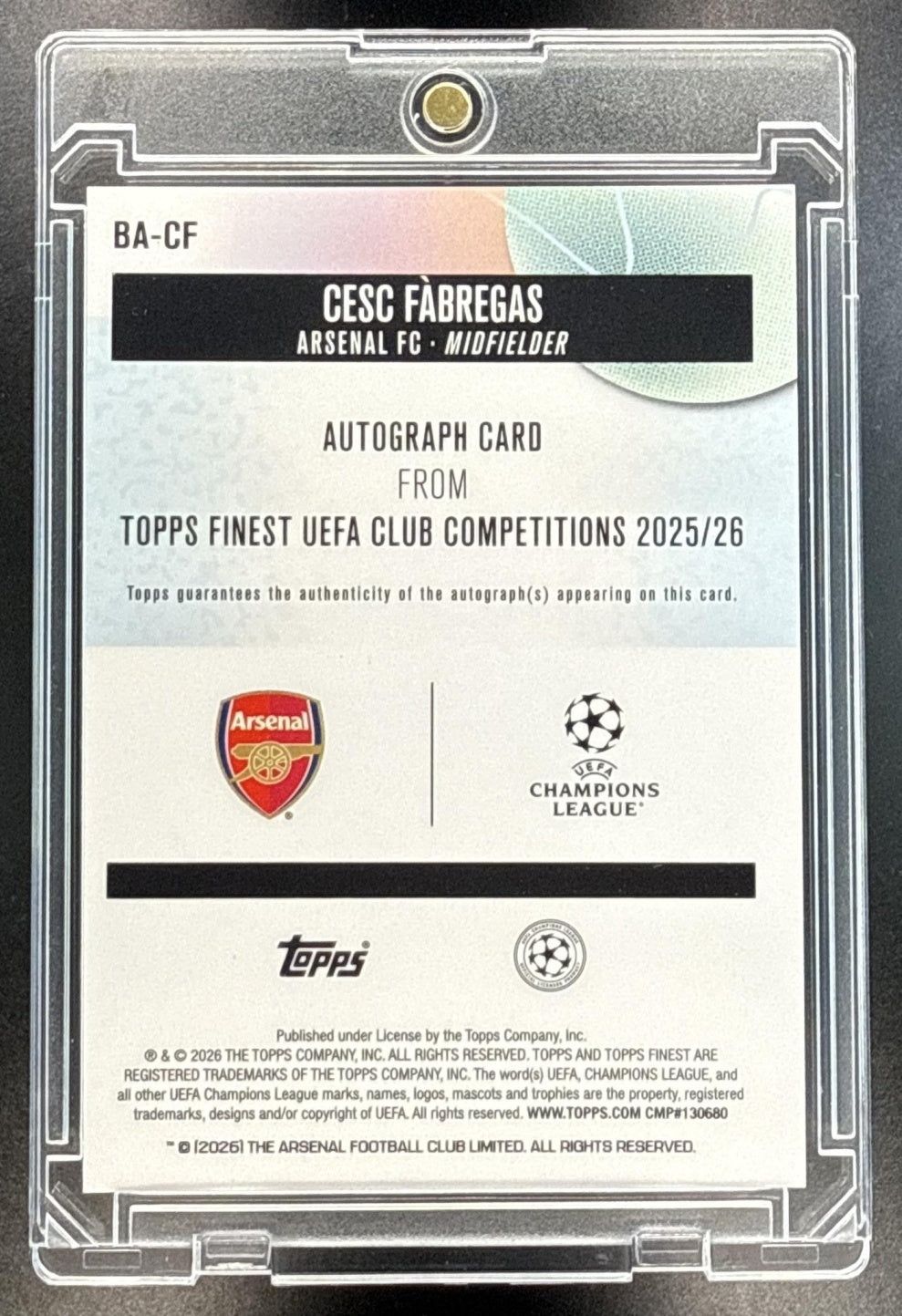 Cesc Fabregas Topps UCC Finest 2025-26 Red Refractor /5 Auto Arsenal FC