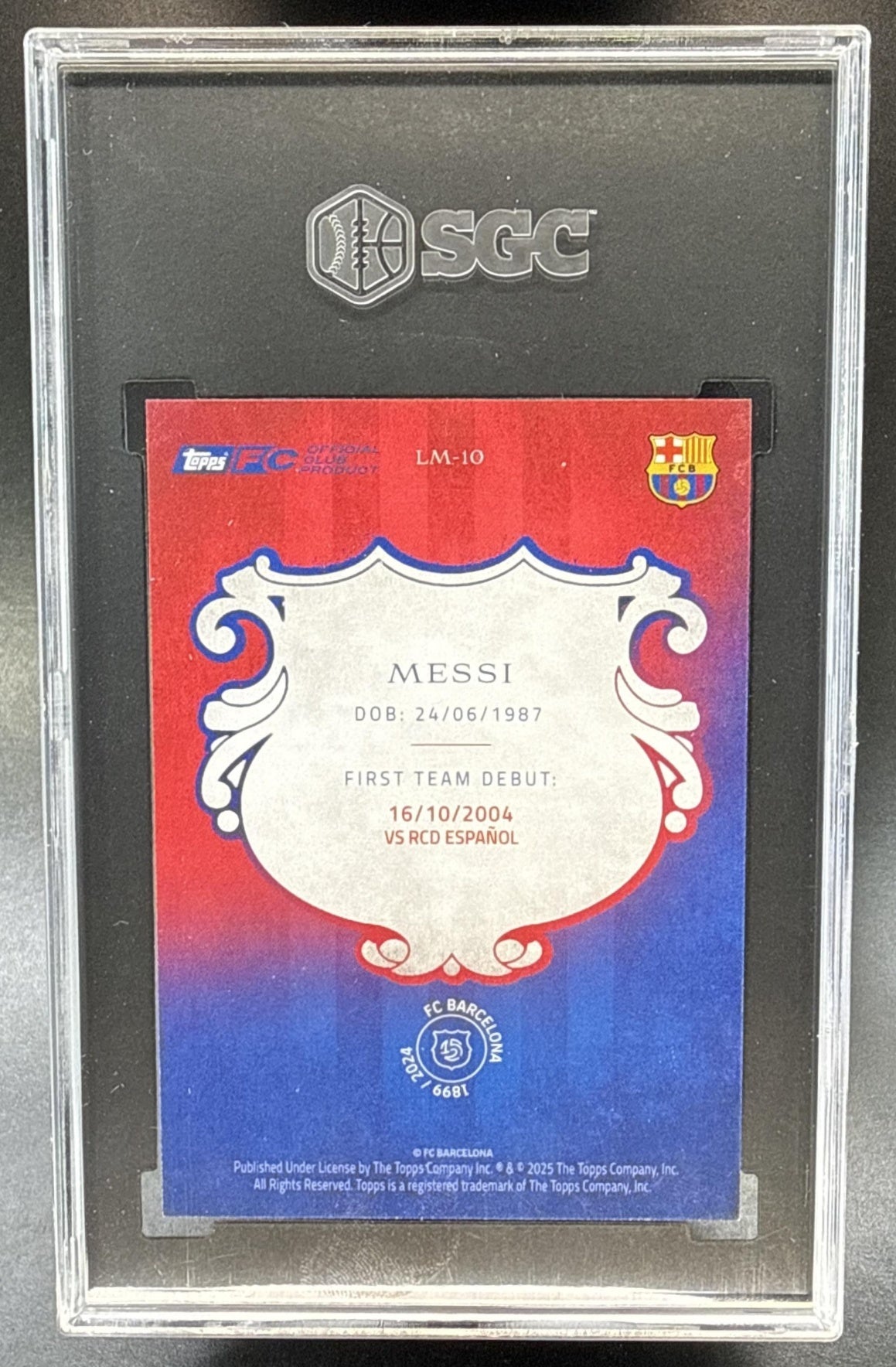 Lionel Messi Topps FC Barcelona 125th Anniv 2024-25 La Masia Blue /75 SGC 10 FCB