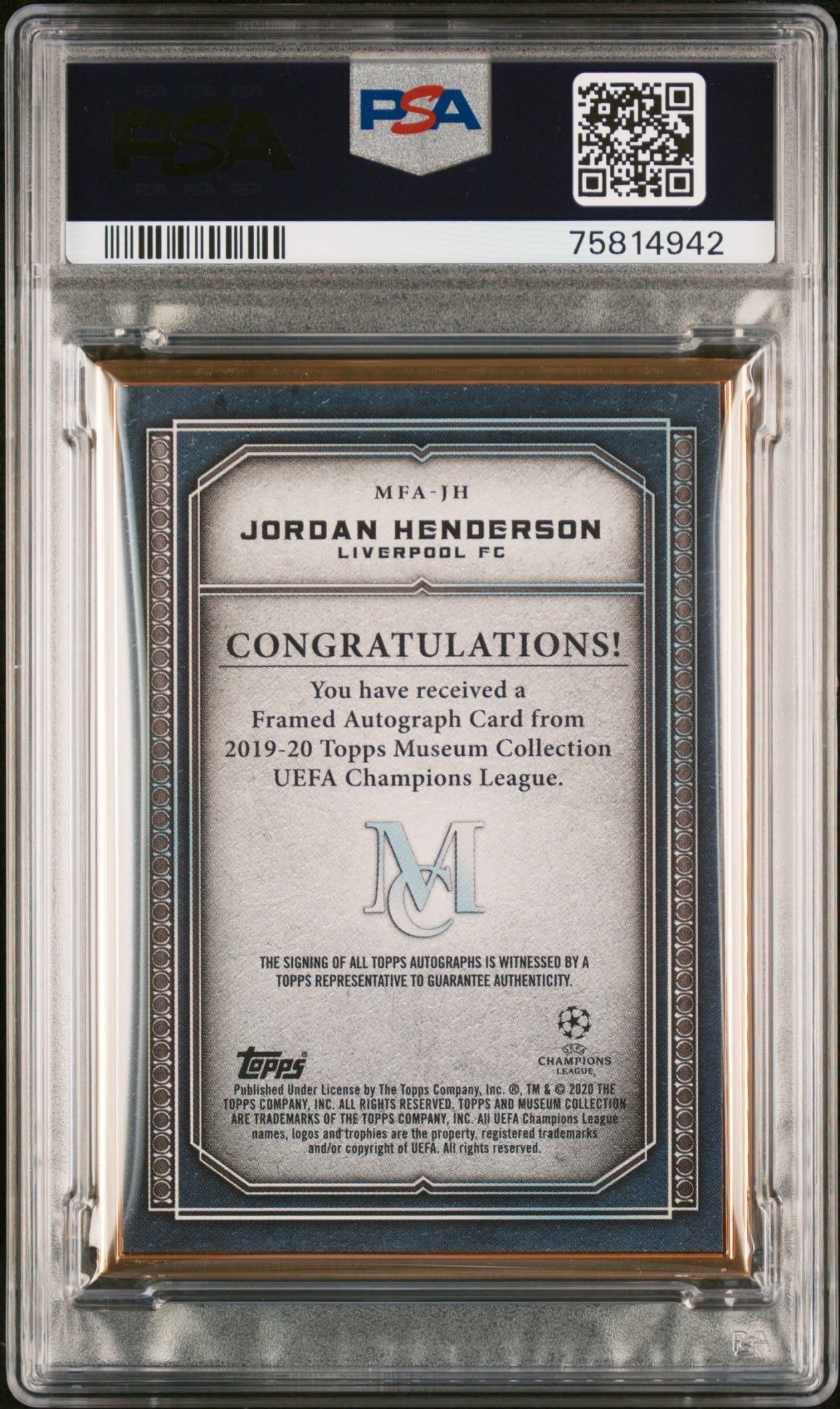 Jordan Henderson Topps Museum Collection UCL 2019 Ruby /25 Auto PSA 9 Liverpool