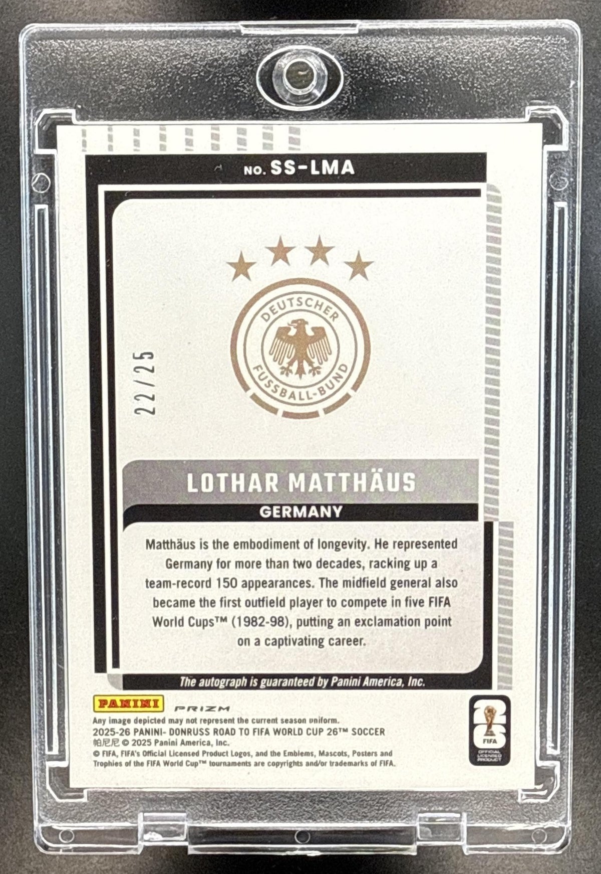 Lothar Matthaus Panini Donruss Road to FIFA World Cup 26' 2025-26 Purple /25 Auto Germany
