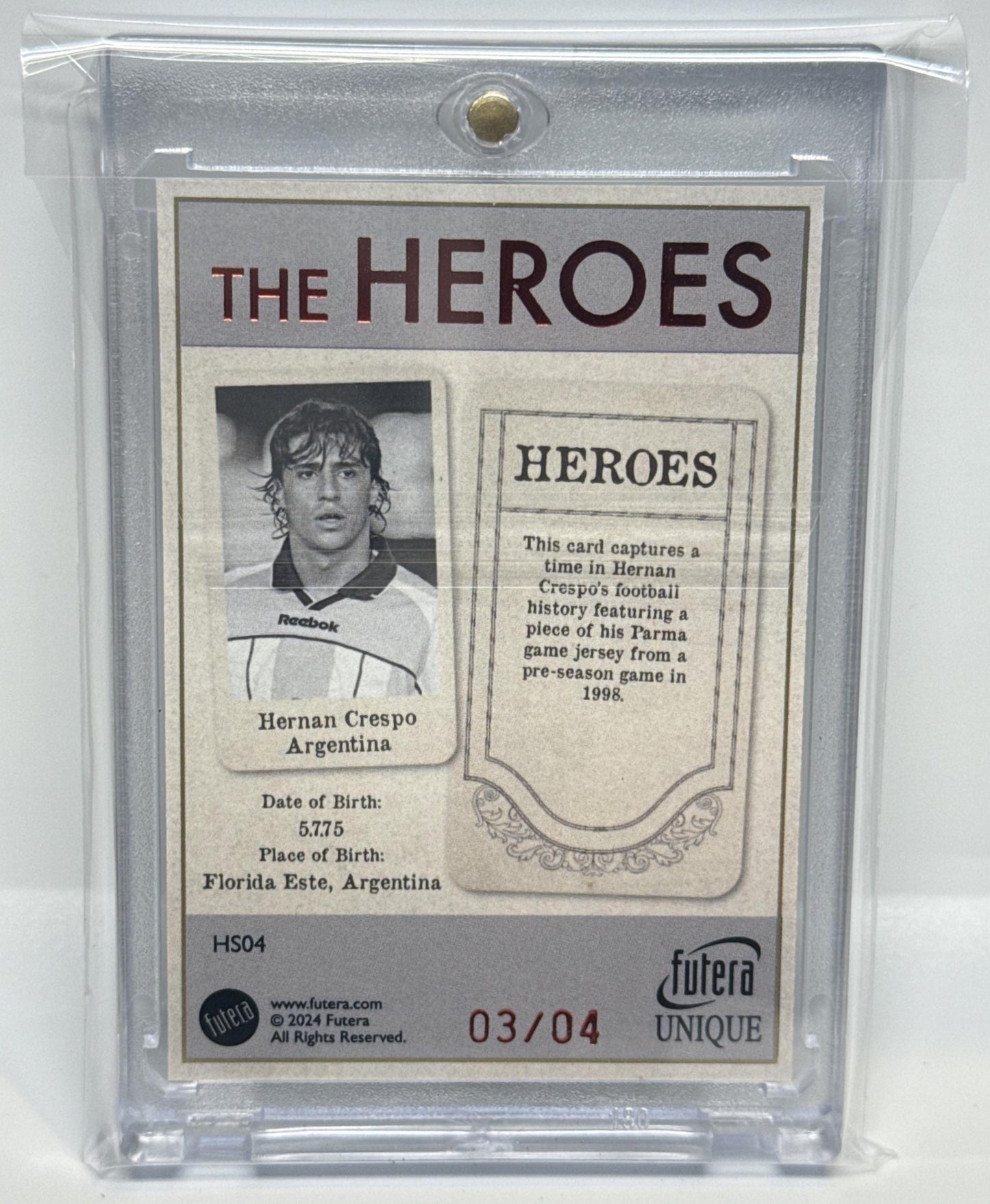 Hernan Crespo Futera Unique Nostalgia 2024 Heroes Relics SN4 /4 MEM Argentina