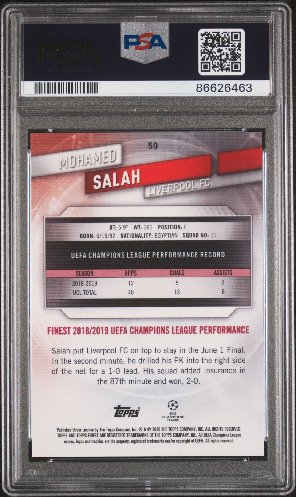 Mohamed Salah Topps Finest UCL 2019 Orange /25 PSA 10 Liverpool
