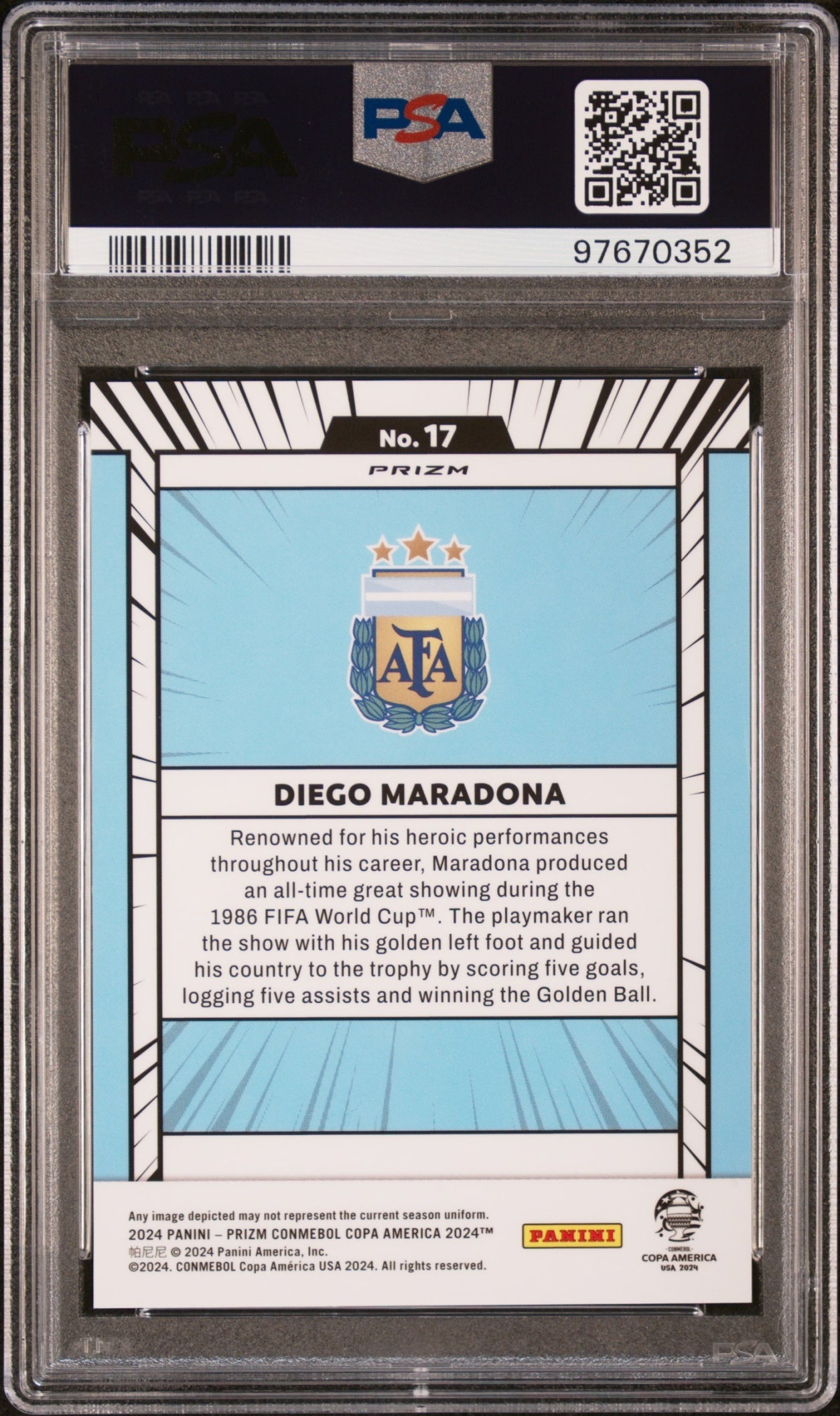 Diego Maradona Panini Prizm Copa America 2024-25 Manga SSP PSA 10 Argentina