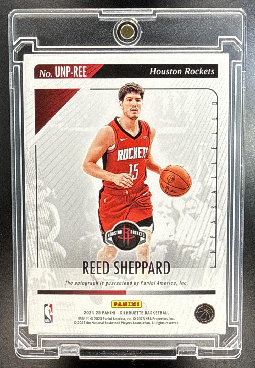 Reed Sheppard Panini Silhouette 2024-25 Unparalleled /25 Auto RC Houston Rockets