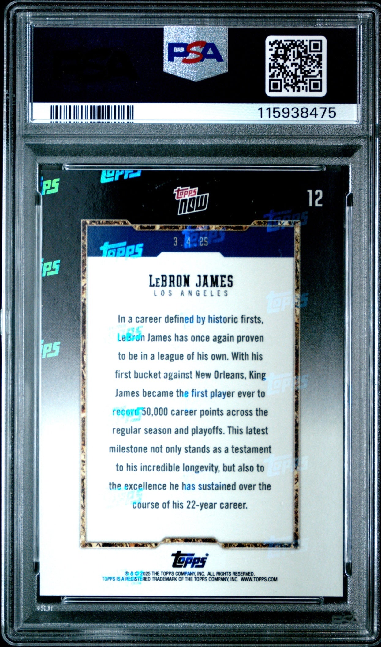 LeBron James Topps Now 2024-25 PSA 10 Los Angeles Lakers