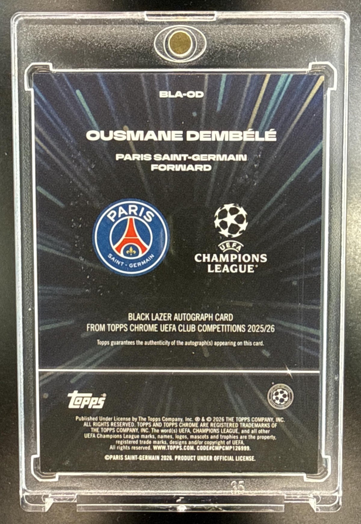 Ousmane Dembele Topps Chrome UCC 2025-26 Black Lazer Auto Paris Saint-Germain