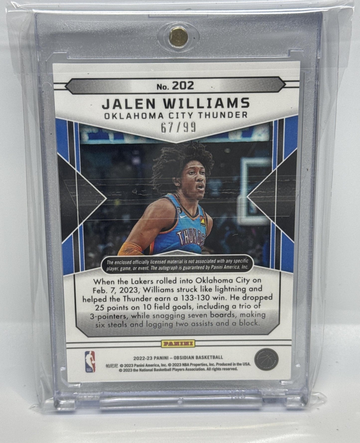 Jalen Williams Panini Obsidian 2022-23/99 MEM Auto RC Oklahoma City Thunder