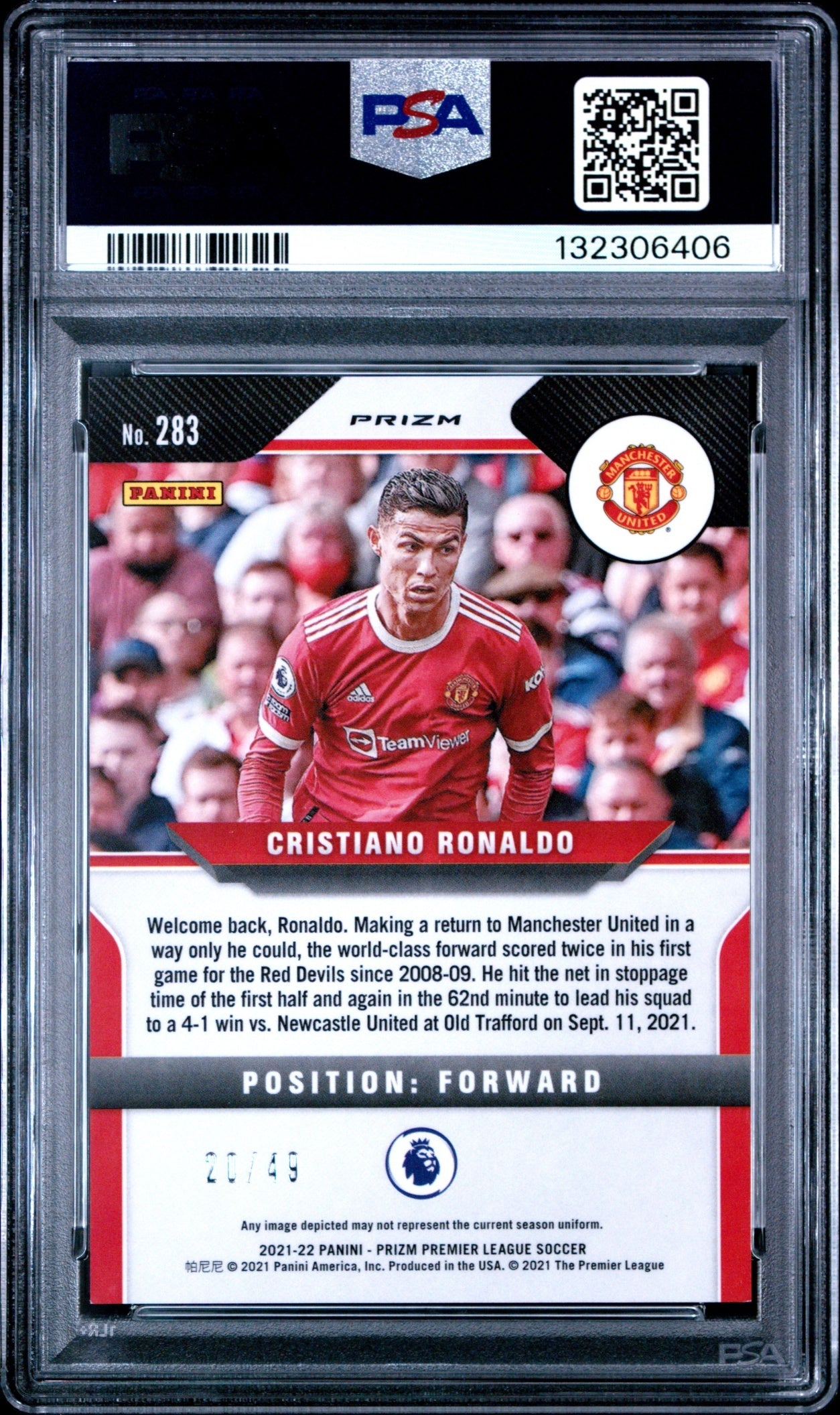 Cristiano Ronaldo Panini Prizm PL 2021 Prizms Purple Ice /49 PSA 10 Man United