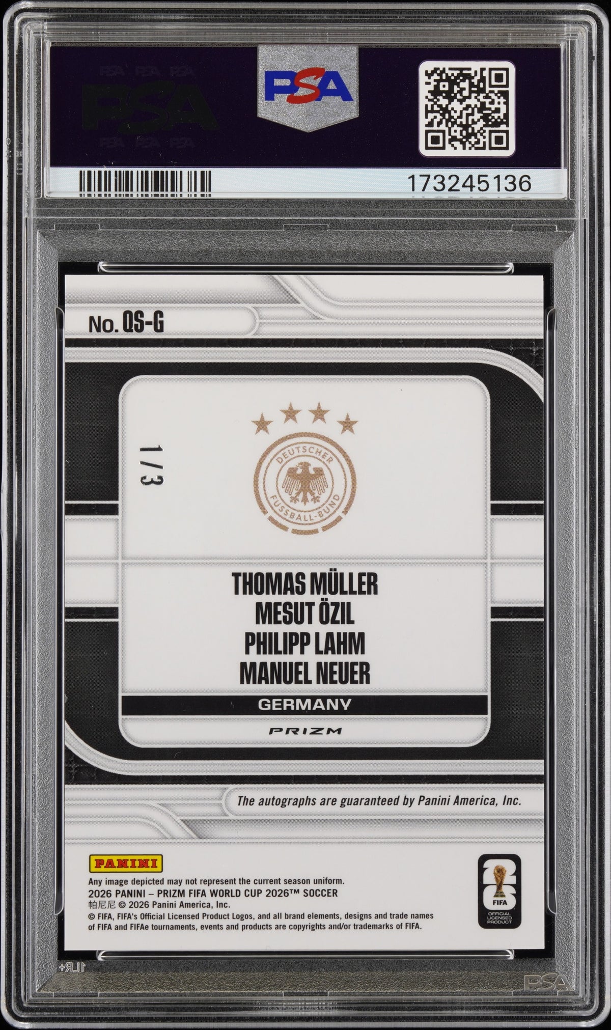 Muller/Neuer/Ozil/Lahm Panini Prizm World Cup 2026 Blue /3 Auto PSA 7 Germany