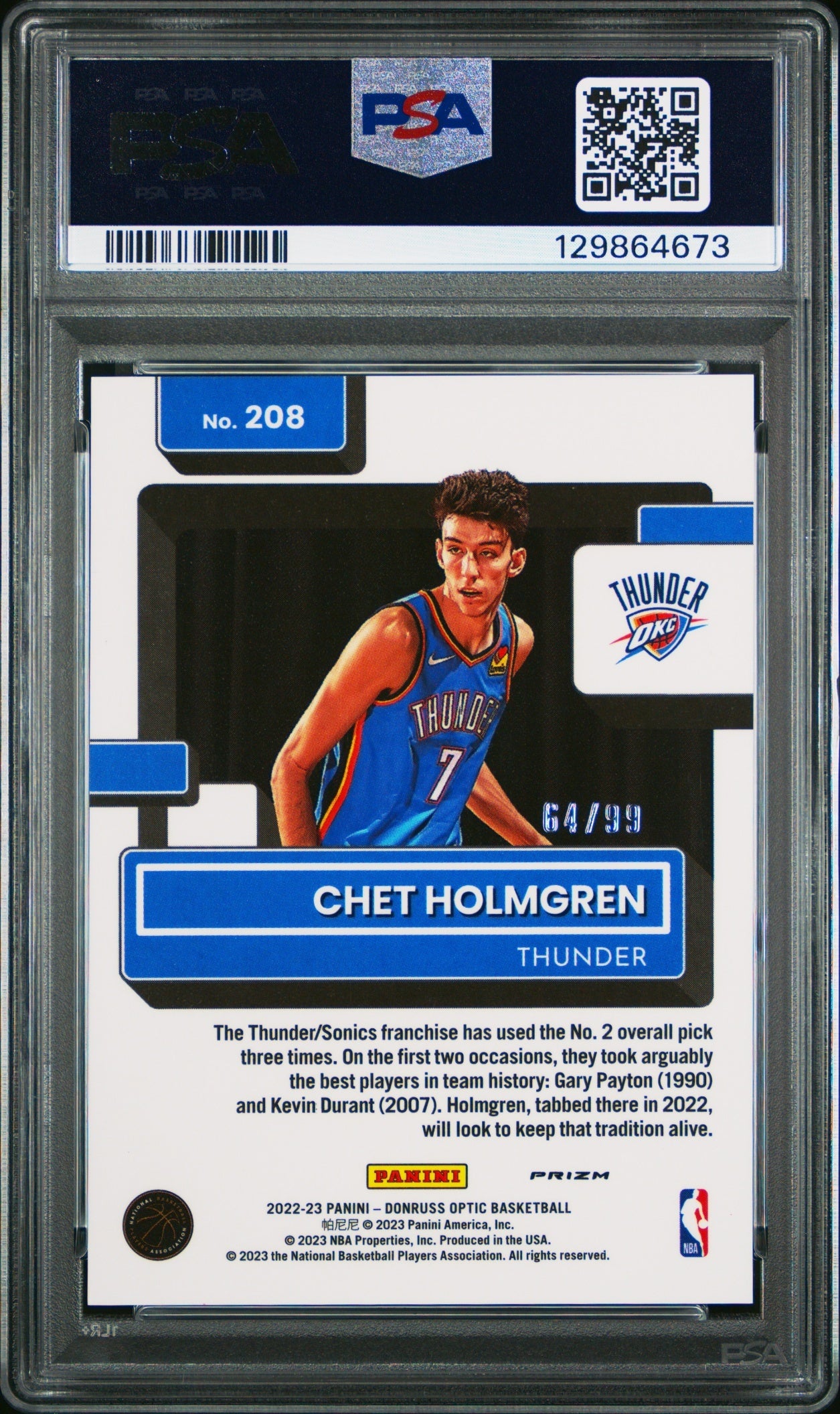 Chet Holmgren Donruss Optic 2022-23 Fast Break Purple /99 PSA9 OKC Thunders