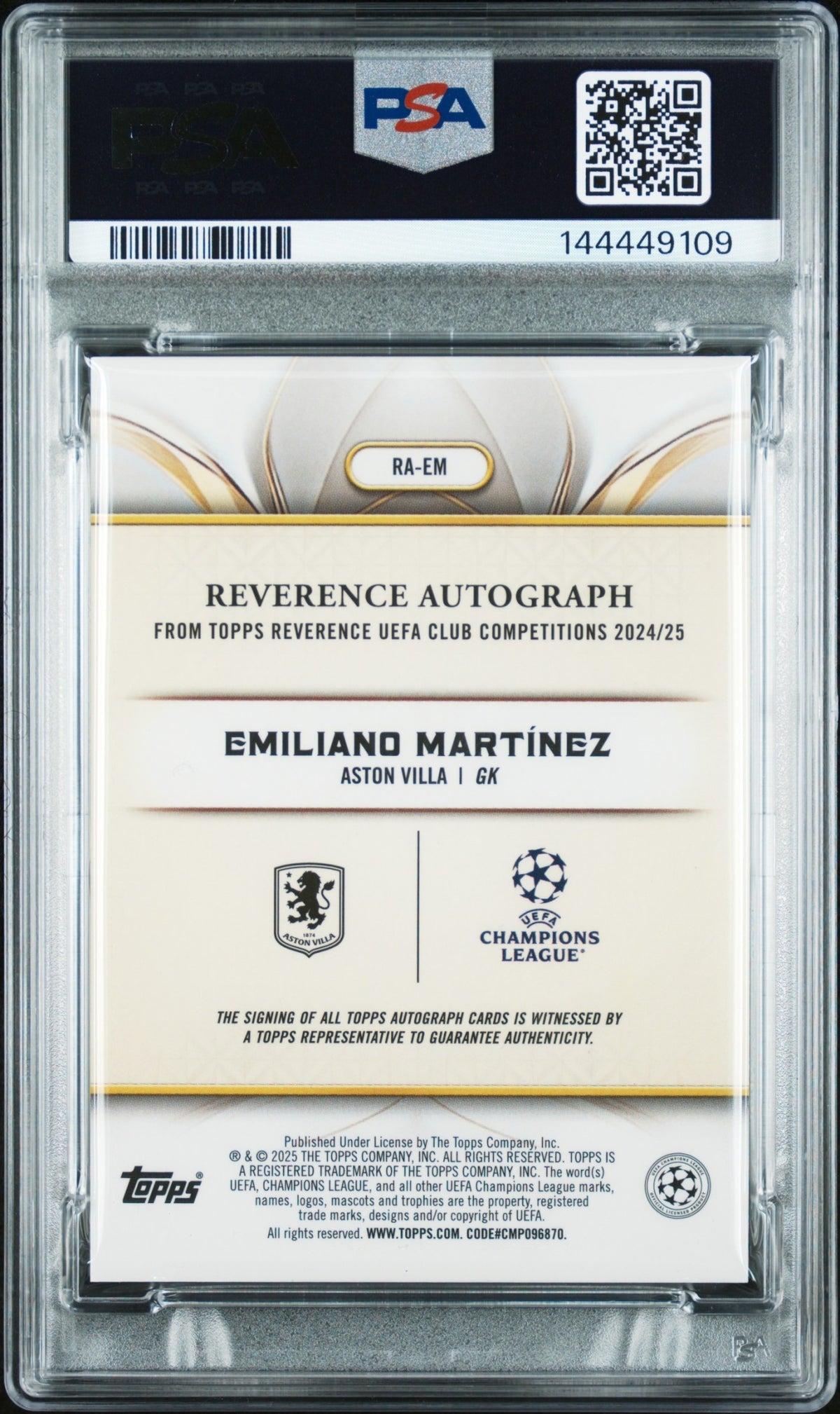Emiliano Martinez Topps Reverence UCC 2024-25 Auto Blue /75 PSA 10 Aston Villa