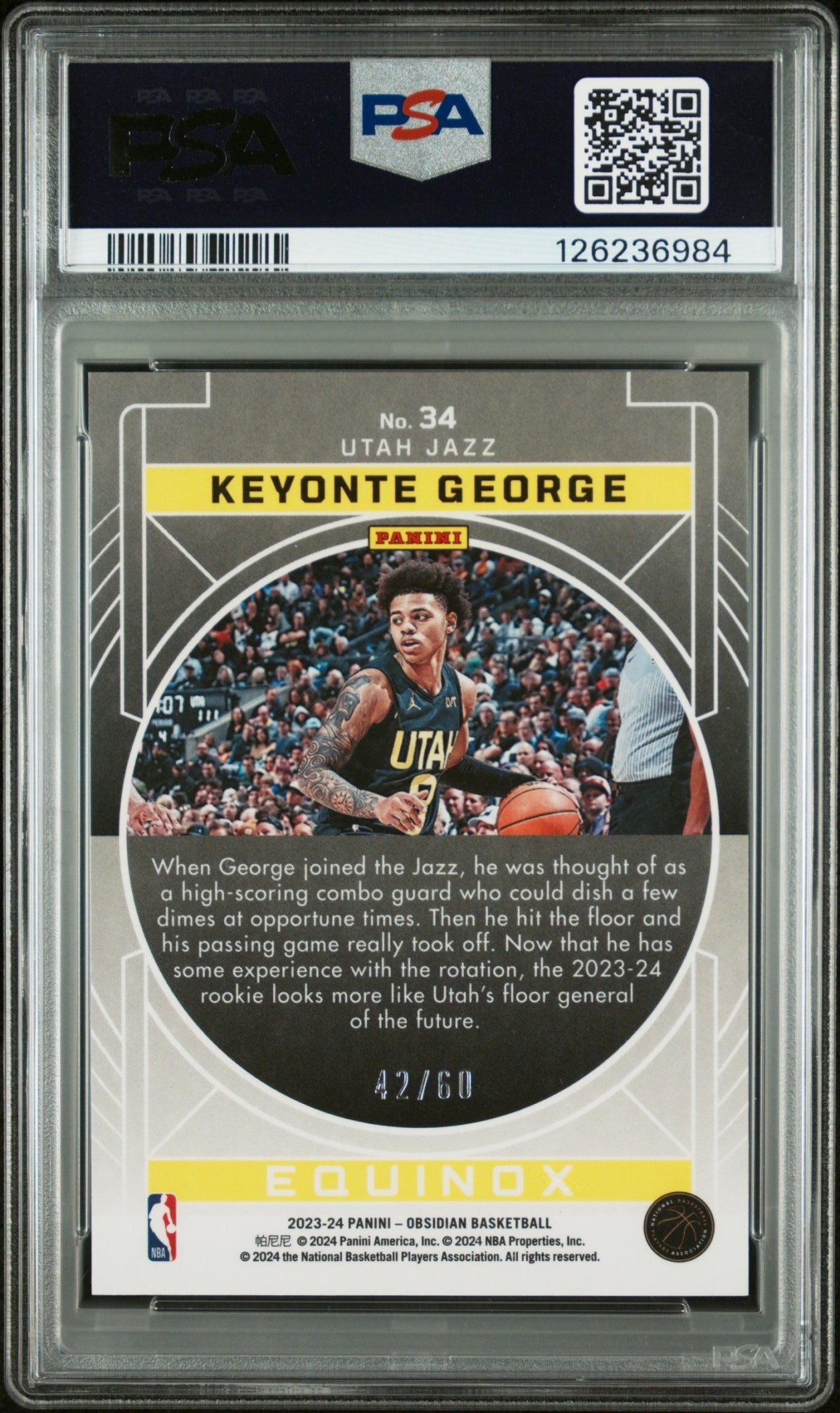 Keyonte George Obsidian 2023-24 Electric Etch Reggae Flood /60 RC PSA9 Utah Jazz