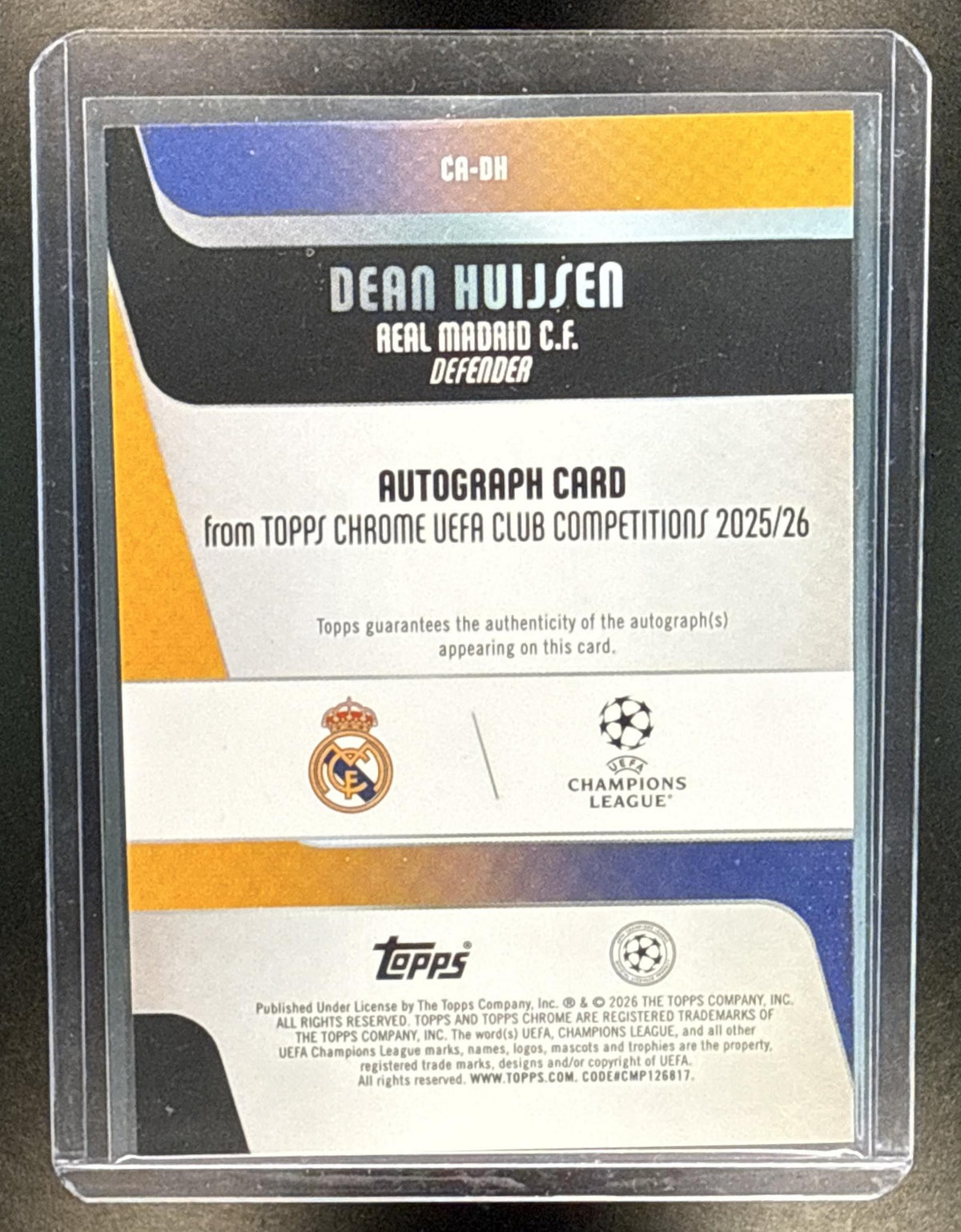 Dean Huijsen Topps Chrome UCC 2025-26 Purple Geometric /75 Auto Real Madrid C.F.