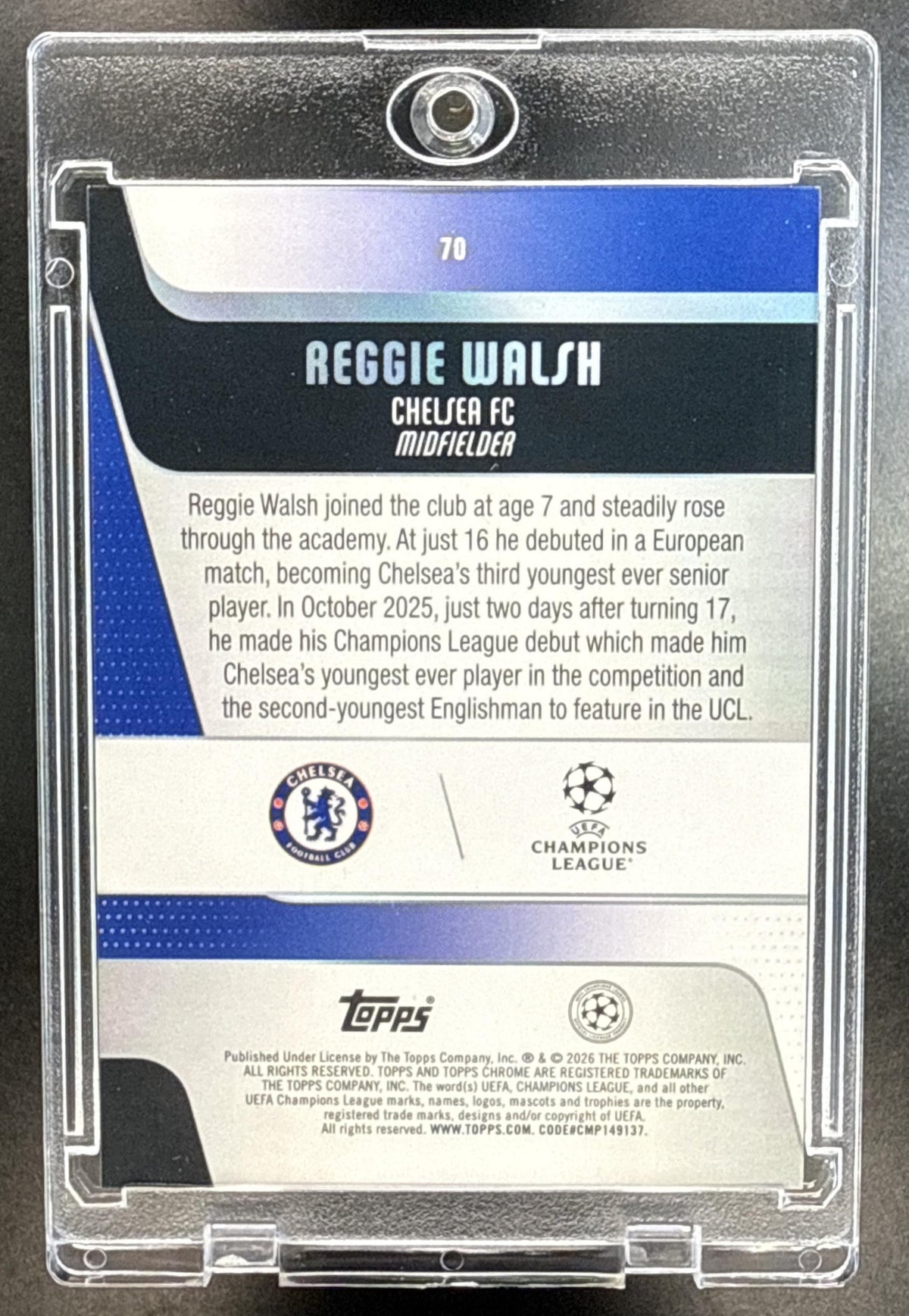 Reggie Walsh Topps Chrome UCC 2025-26 Orange Foil /25 RC Chelsea FC