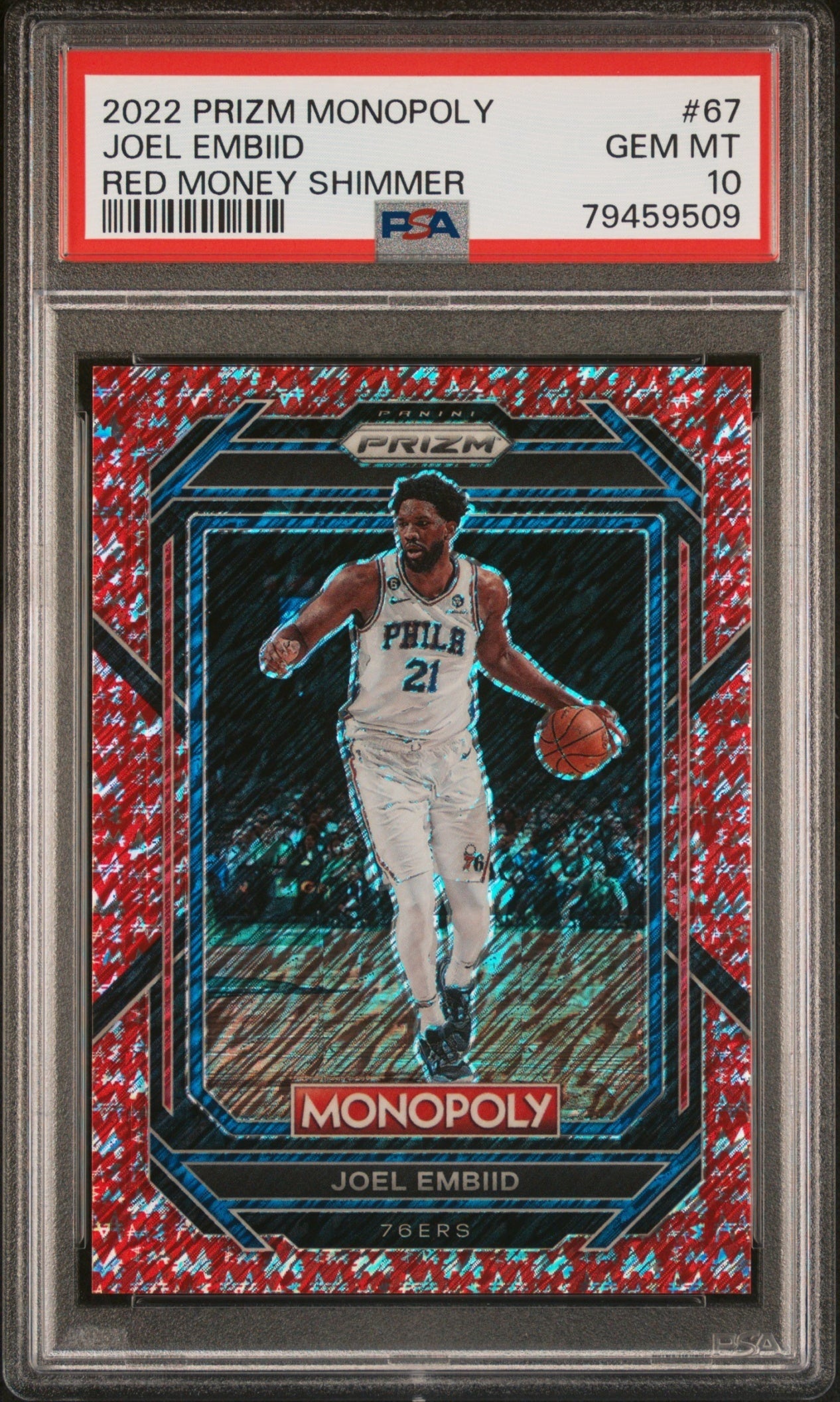 Joel Embiid Panini Prizm Monopoly 2022-23 Red Money Shimmer /100 PSA 10 76ers