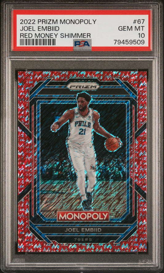 Joel Embiid Panini Prizm Monopoly 2022-23 Red Money Shimmer /100 PSA 10 76ers