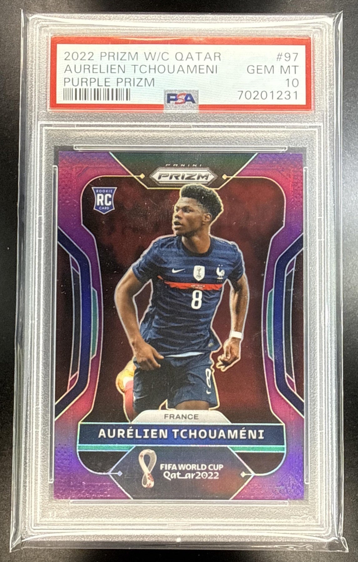 Aurelien Tchouameni Panini Prizm World Cup 2022-23 Purple /199 RC PSA 10 France