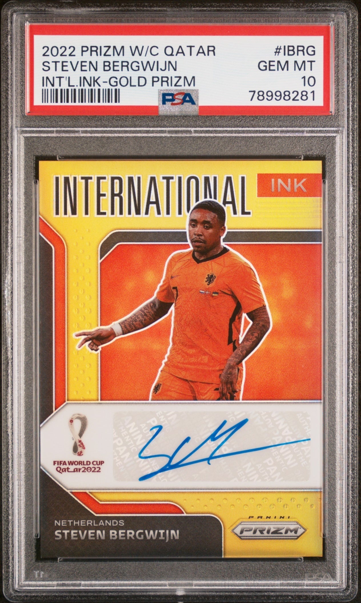 Steven Bergwijn Panini Prizm World Cup 2022-23 Gold /10 Auto PSA 10 Netherlands