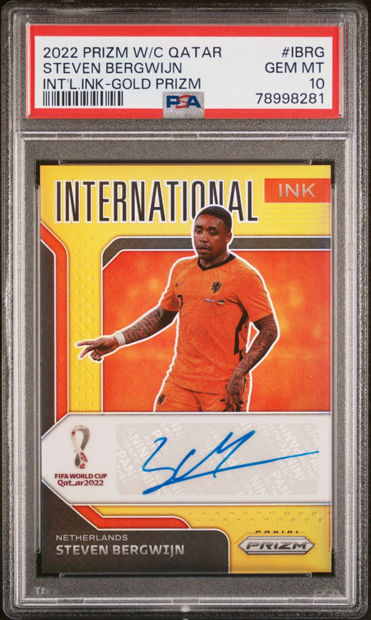Steven Bergwijn Panini Prizm World Cup 2022-23 Gold /10 Auto PSA 10 Netherlands