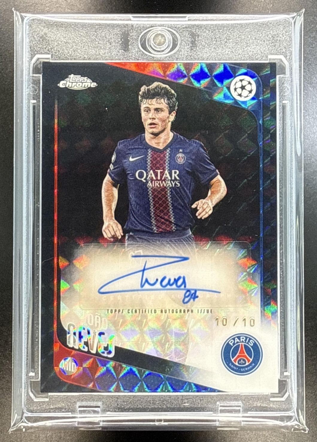 Joao Neves Topps Chrome UEFA CC 2025-26 Black Geometric Refractor /10 Auto PSG