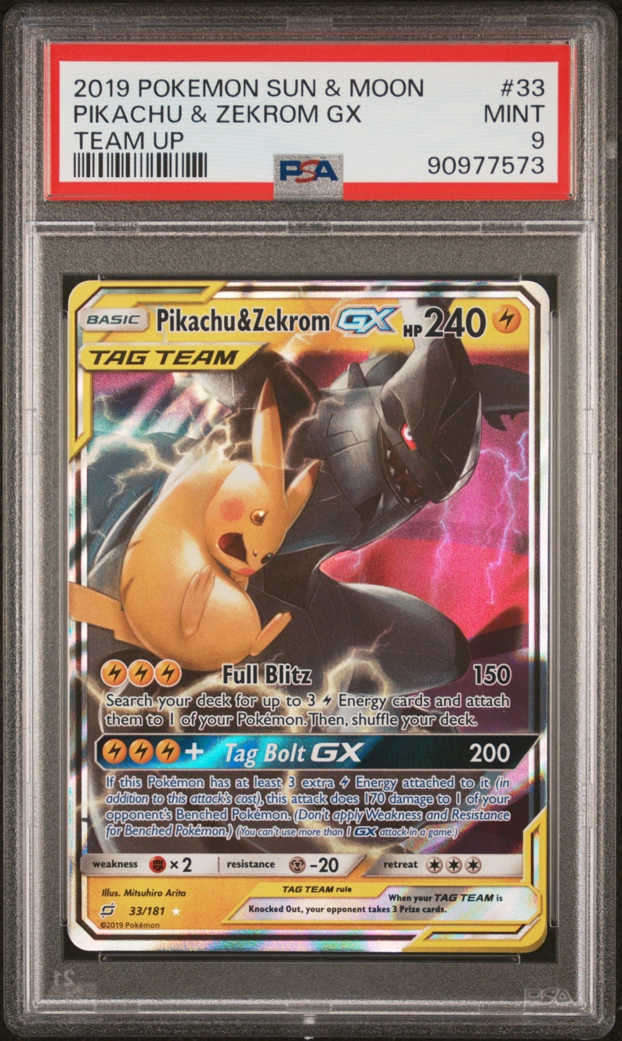 Pikachu & Zekrom Pokemon Sun Moon Team Up 2019 Holo PSA 9