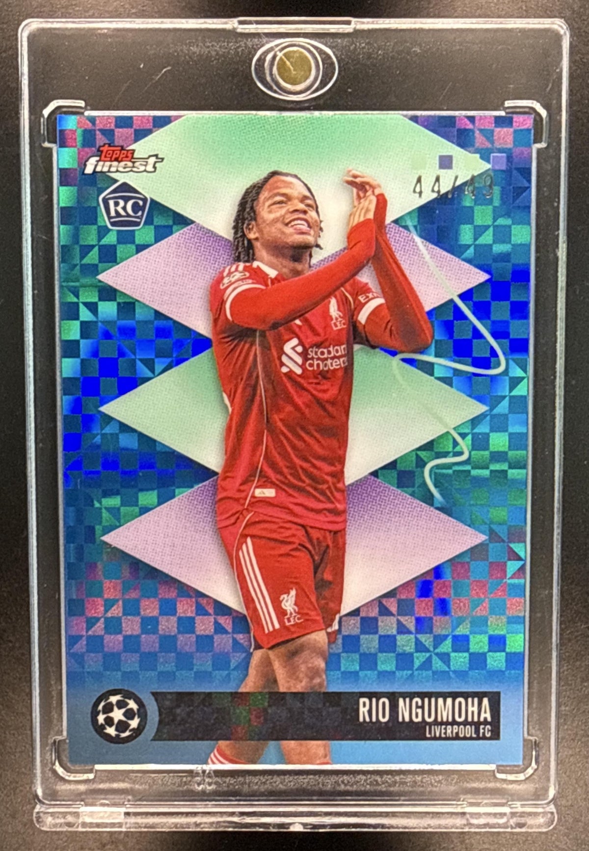 Rio Ngumoha Topps Finest UCC 2025-26 Blue Checkerboard Refractor /49 RC Liverpool FC