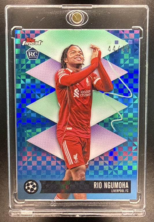 Rio Ngumoha Topps Finest UCC 2025-26 Blue Checkerboard Refractor /49 RC Liverpool FC