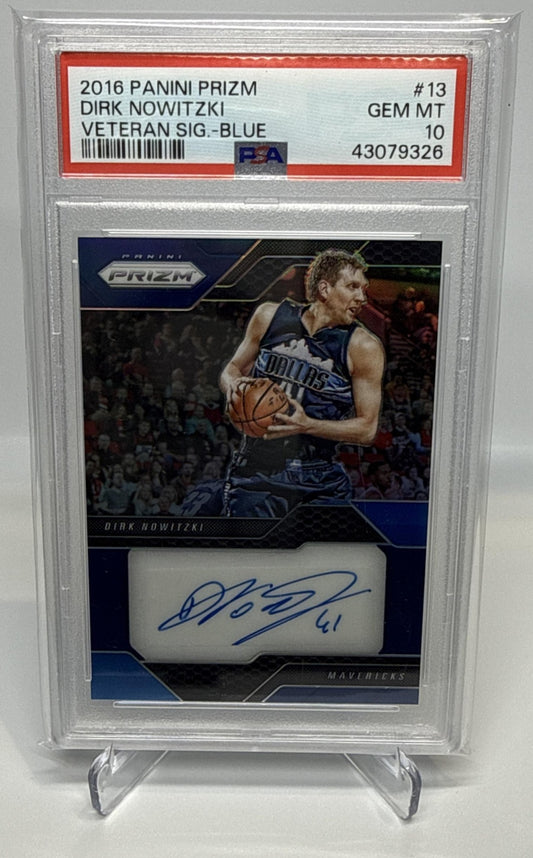 Dirk Nowitzki Panini Prizm 2016-17 Blue Prizms /49 Auto PSA 10 Dallas Mavericks