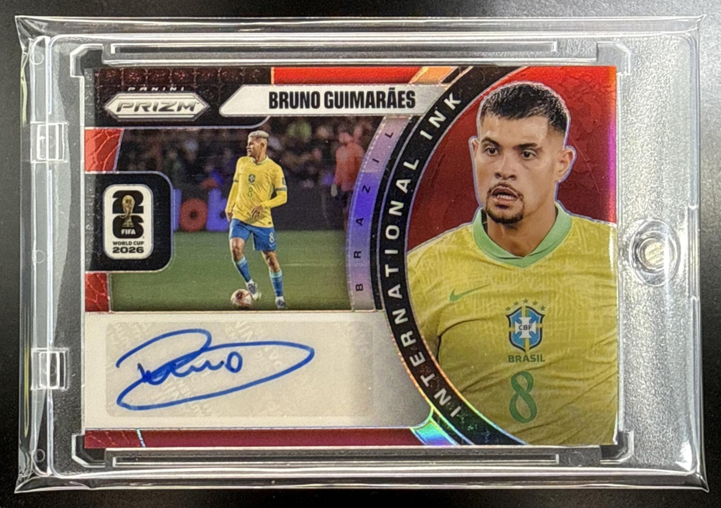Bruno Guimaraes Panini Prizm World Cup 2026 Red /99 Auto Brazil