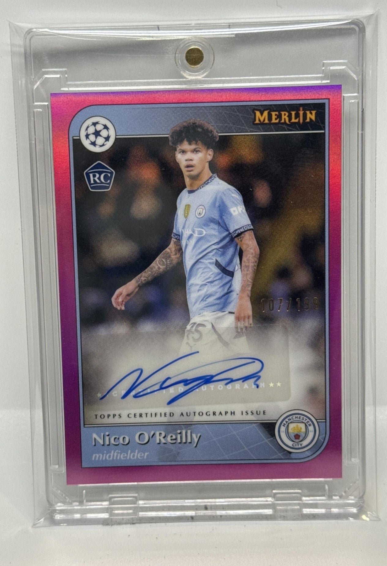 Nico O'Reilly Topps Merlin Chrome UCC 2024-25 Pink /199 Auto RC Manchester City