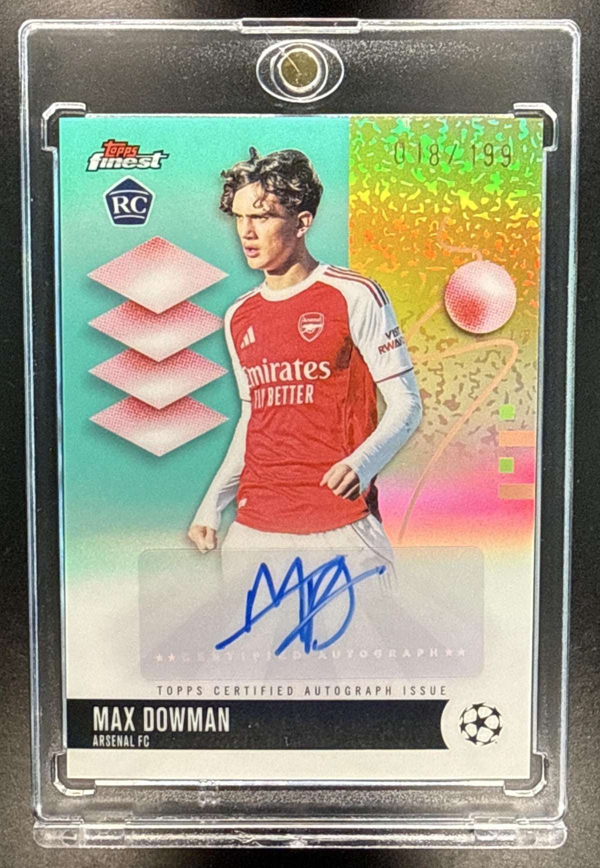 Max Dowman Topps Finest UCC 2025-26 Aqua Refractor /199 RC Auto Arsenal FC