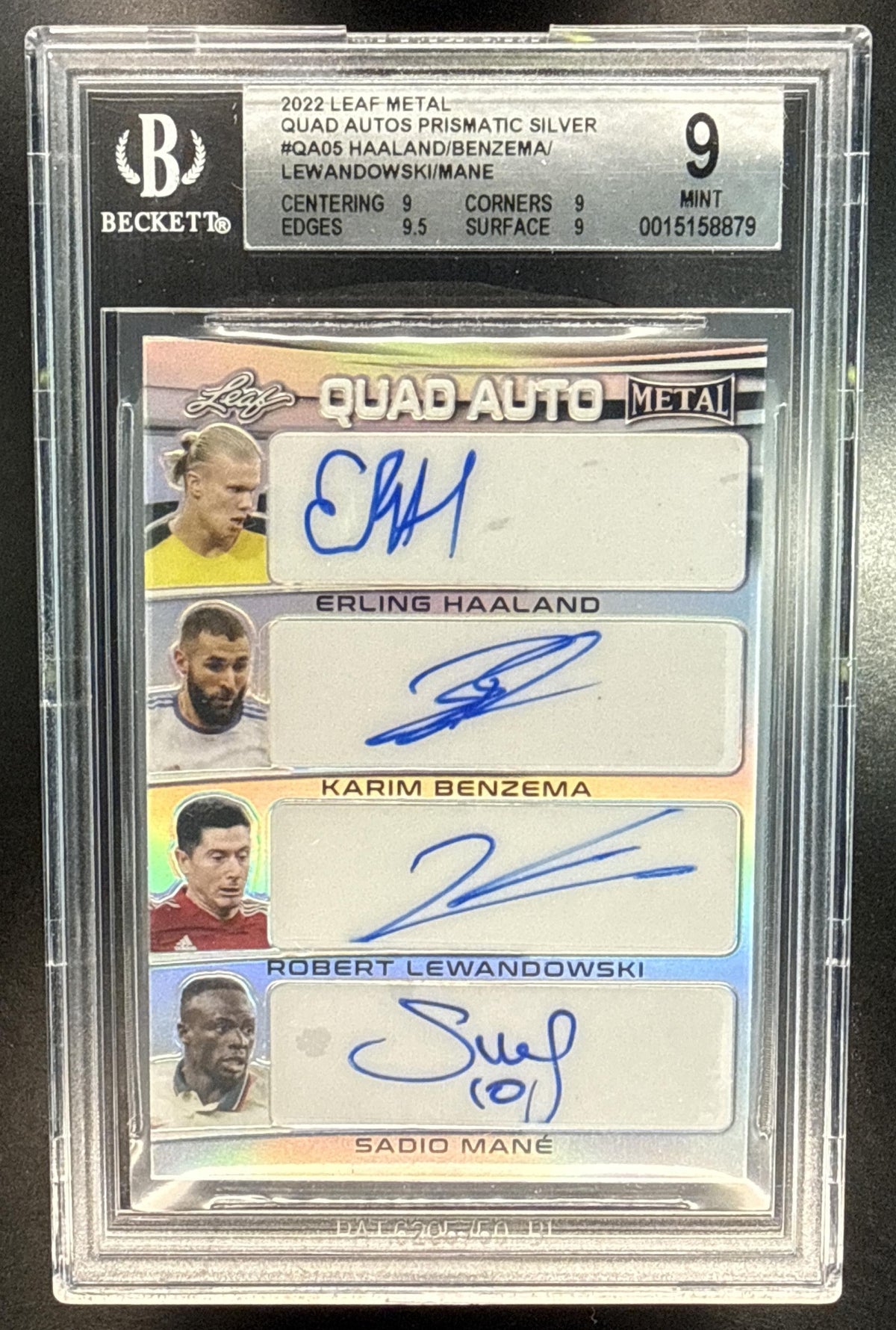 Haaland/Benzema/Lewandowski/Mane Leaf Metal 2022 Silver /8 Auto BGS 9