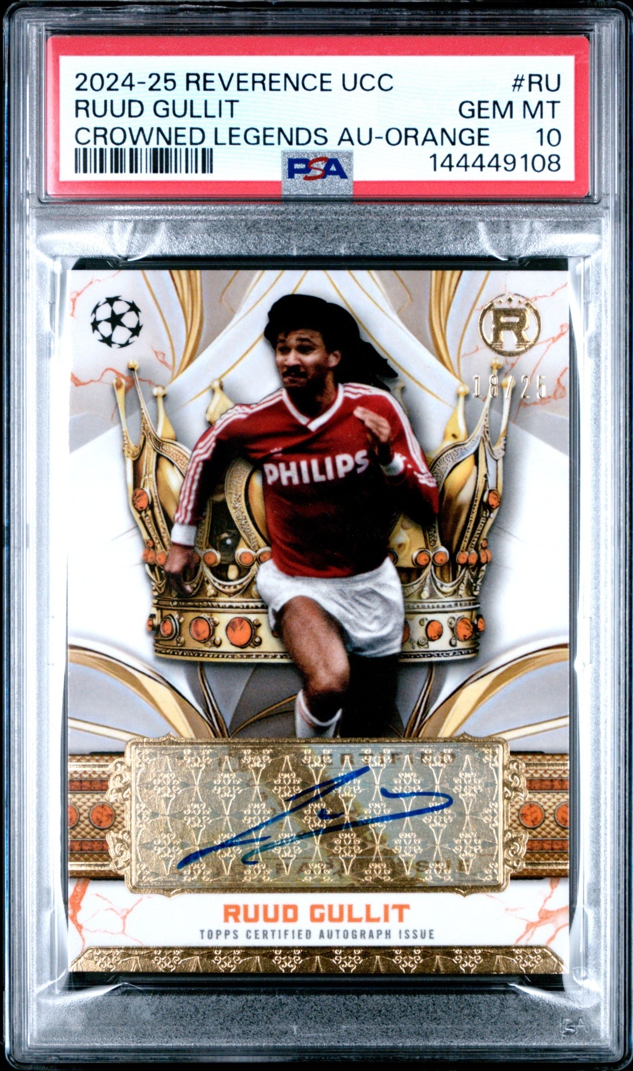 Ruud Gullit Topps Reverence UCC 2024-25 Orange /25 Auto PSA 10 PSV Eindhoven