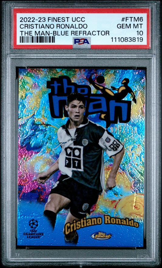 Cristiano Ronaldo Topps Finest UCC 2022-23 Blue Refractor /150 PSA 10 Sporting