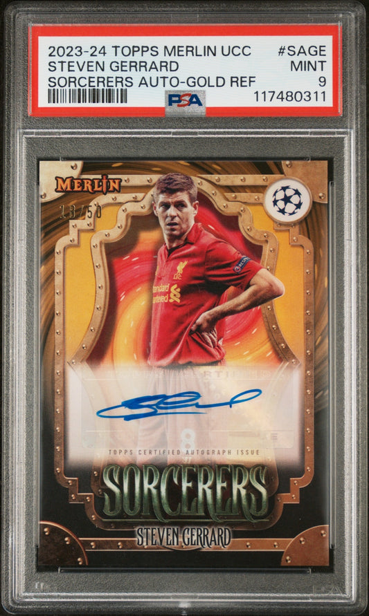 Steven Gerrard Topps Chrome Merlin UCC 2023-24 Gold /50 PSA 9 Liverpool