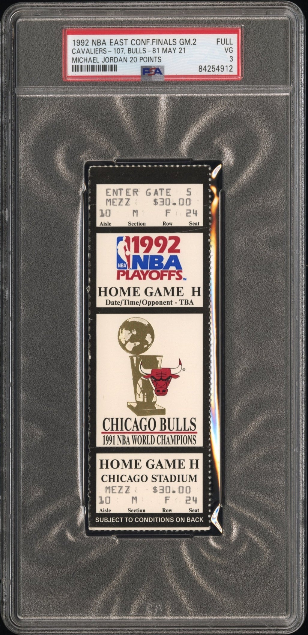Michael Jordan NBA East Conference Finals Ticket GM.2 1992 MJ 20pts PSA 3 Bulls