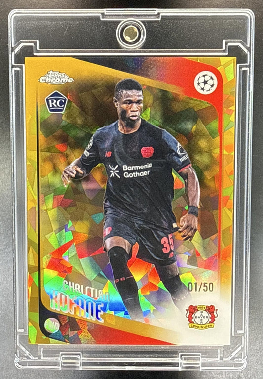 Christian Kofane Topps Chrome UCC Sapphire 2025-26 Gold /50 Bayer 04 Leverkusen