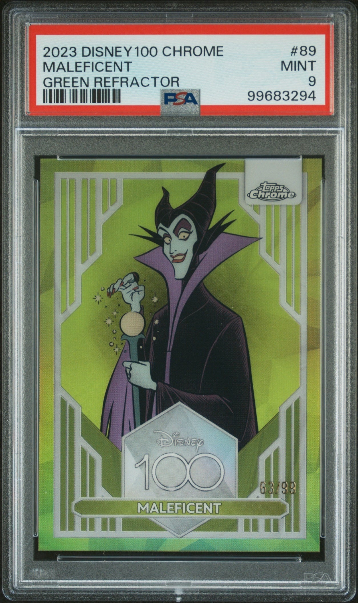 2023 Topps Chrome Disney 100 Maleficent Green Refractor /99 PSA 9