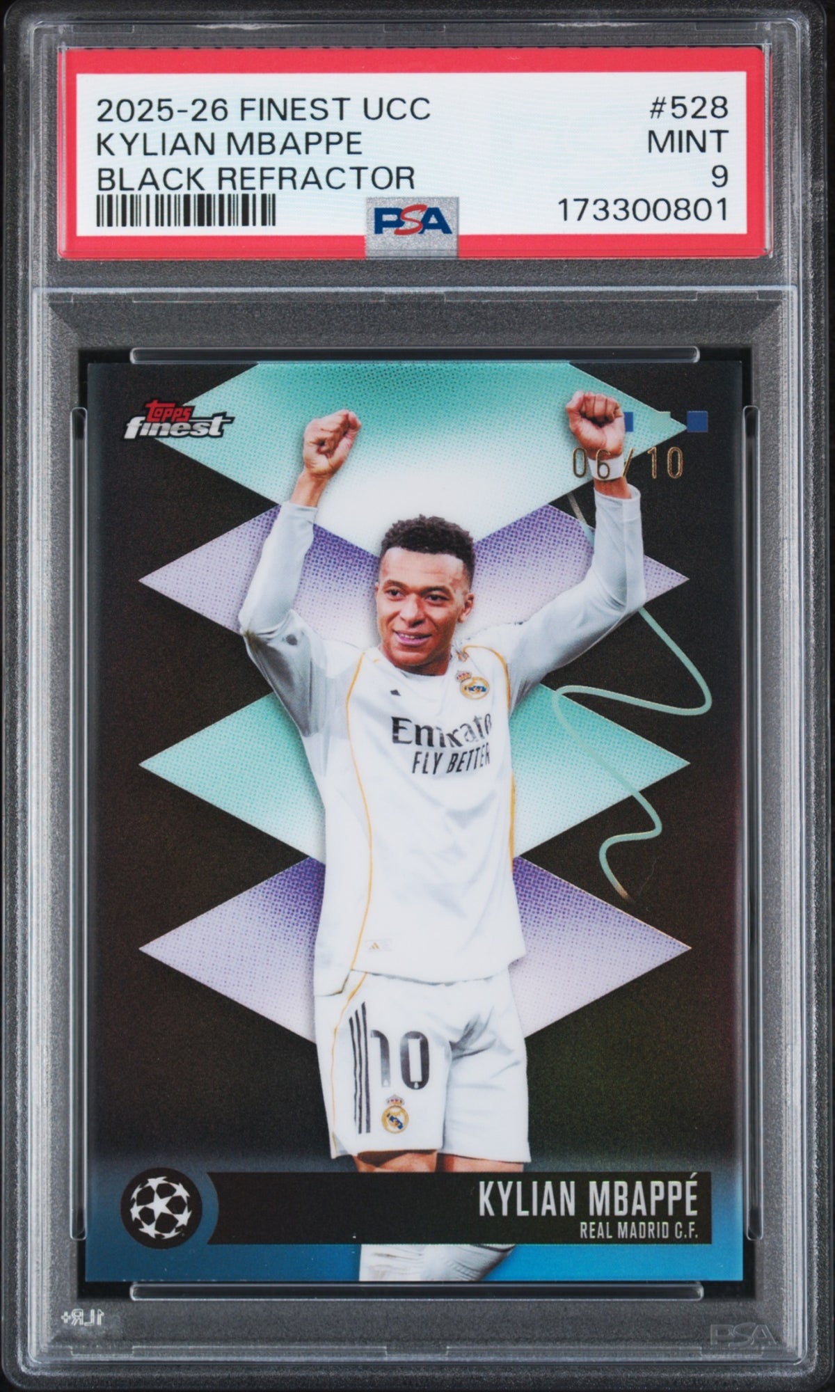 Kylian Mbappe Topps Finest UCC 2025-26 Black Refractor /10 PSA 9 Real Madrid C.F.