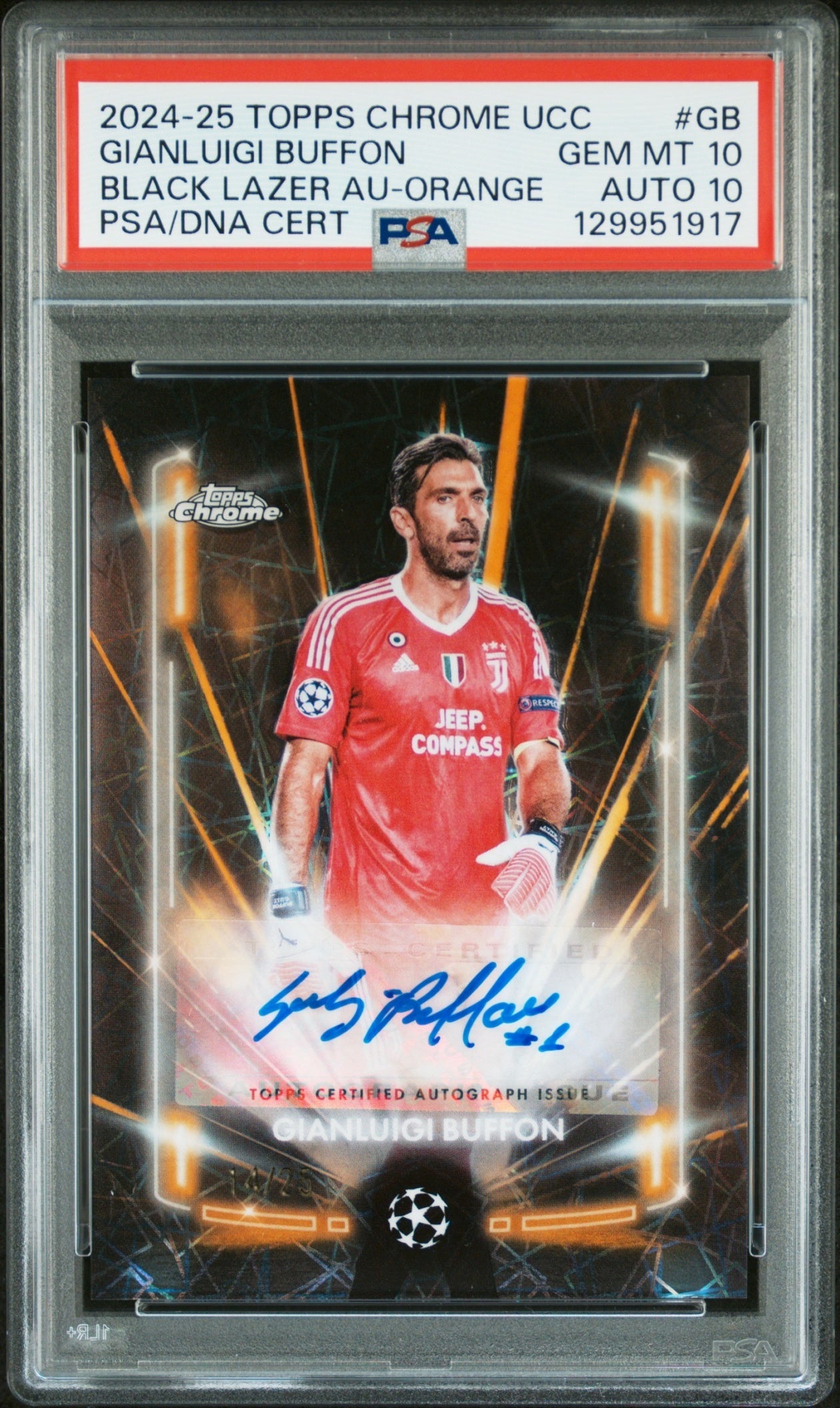 Gianluigi Buffon Topps Chrome UCC 2024-25 Orange Lazer /25 Auto PSA 10 Juventus